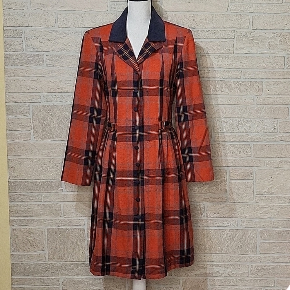HALMODE Vintage Plaid Coat Dress Pleats Belt Buttons